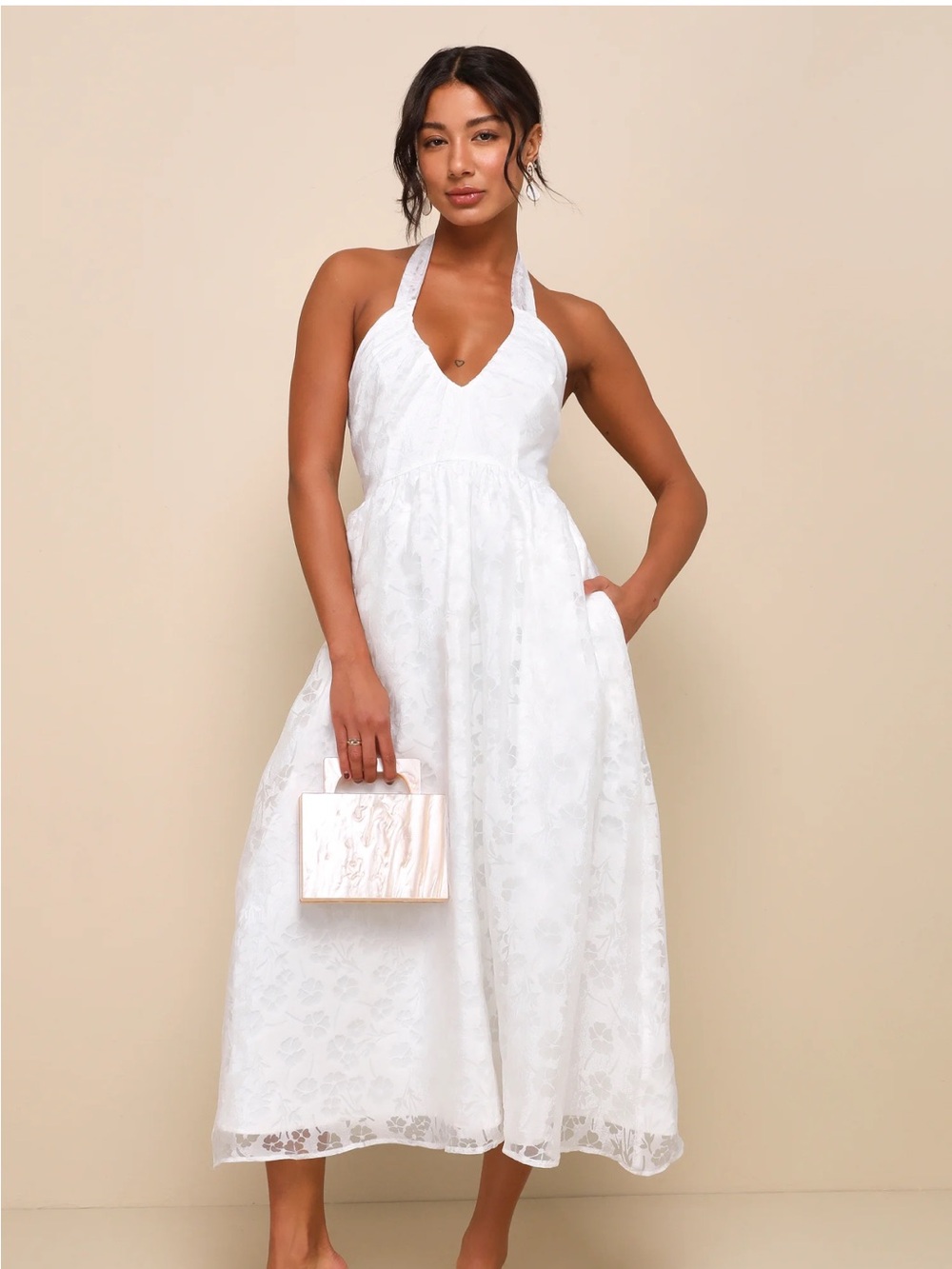 Lulu's Ivory Lace Halter Midi Dress